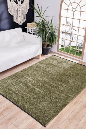 Zenith Washable Plain Pattern Green Rug 8904