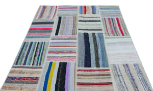 Striped Over Dyed Kilim Patchwork Unique Rug 5'3'' x 7'3'' ft 159 x 220 cm