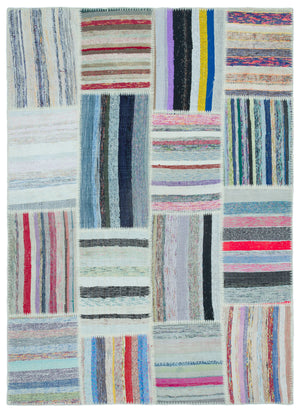 Striped Over Dyed Kilim Patchwork Unique Rug 5'3'' x 7'3'' ft 159 x 220 cm