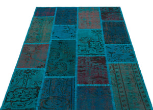 Turquoise  Over Dyed Patchwork Unique Rug 3'11'' x 5'11'' ft 120 x 180 cm