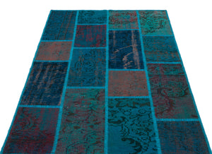 Turquoise  Over Dyed Patchwork Unique Rug 3'11'' x 5'11'' ft 120 x 180 cm